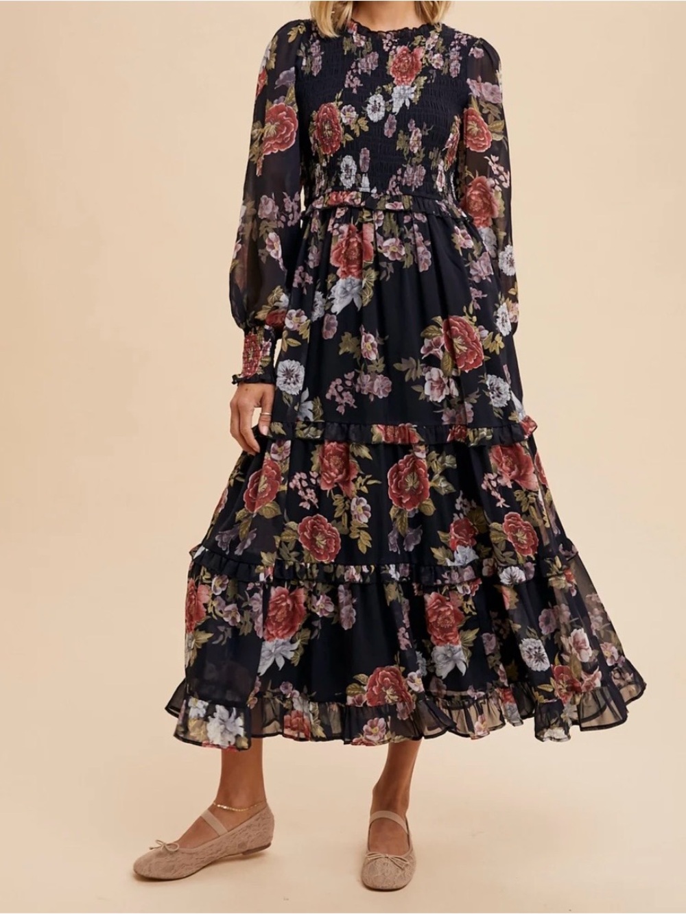 In Loom Black Smocked Box Rose Floral dress. Size SMALL -NEW withOUT tag